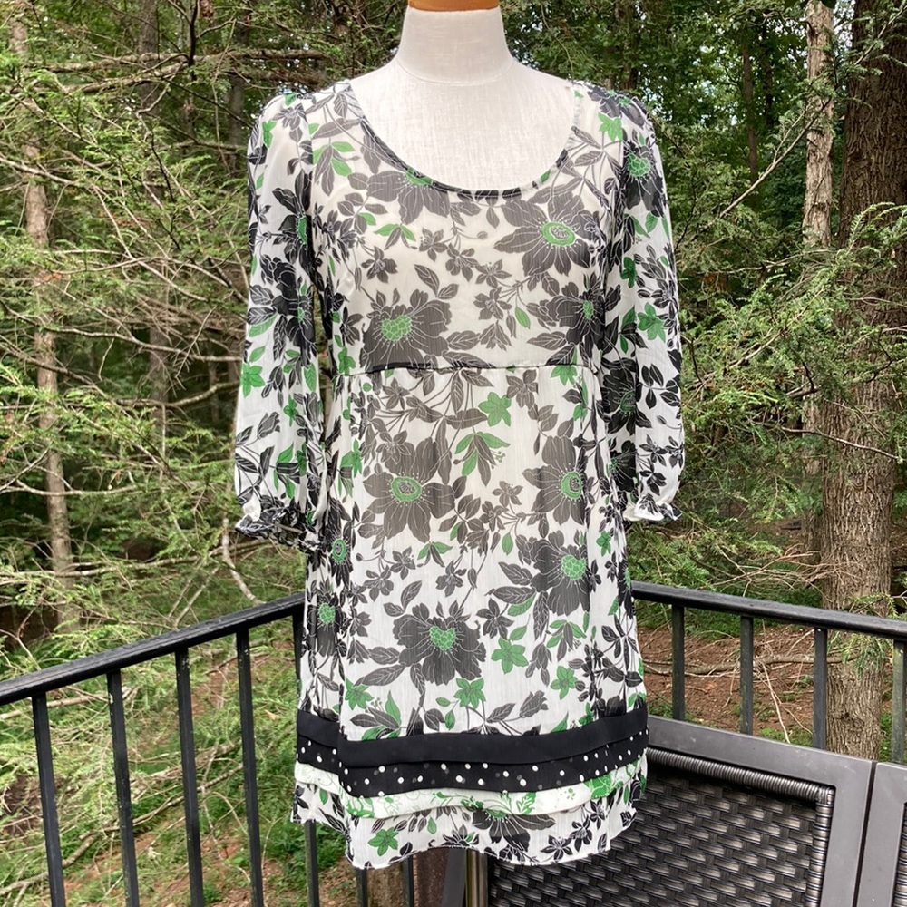 FEI white dress with black/green flowers, cream slip under dress sz. M